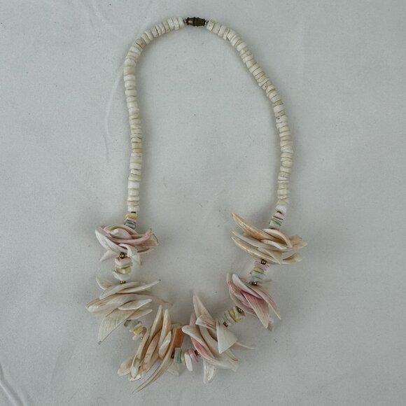 Vintage Seashell Necklace Natural Tropical Puka Shell Choker Pink White 18" - Picture 2 of 10